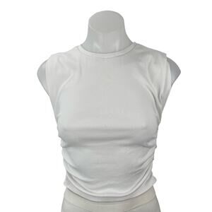 Zara Women's White Ruched Crew Neck Sleeveless Minimalist Casual Crop Tank Top M